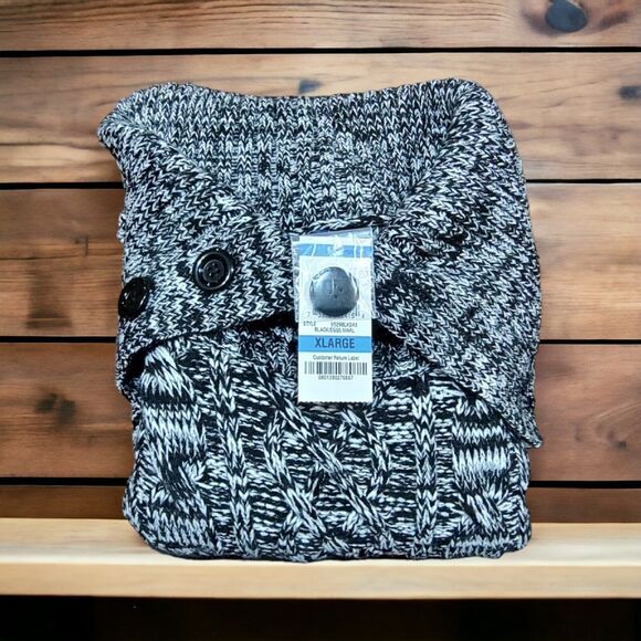 NEW Karen Scott XL Cable Knit Pullover Black Marble Sweater Button Drape Collar - Picture 2 of 10